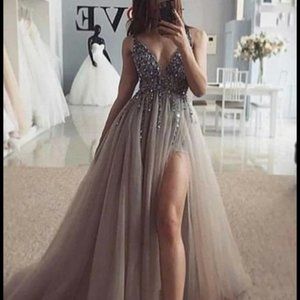 Silver grey Party Prom Dress Gown